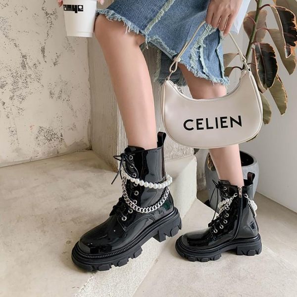 boots 2021 fall winter women natural cow leather chunky heels platform ankle pearls metal chain punk shoes lady, Black
boots 2021 fall winter women natural cow leather chunky heels platform ankle pearls metal chain punk shoes lady, Black