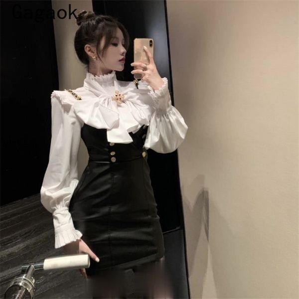 two piece set women spring autumn vintage harajuku fashion ladies wild suits white shirts + pu mini skirts 210531
two piece set women spring autumn vintage harajuku fashion ladies wild suits white shirts + pu mini skirts 210531
