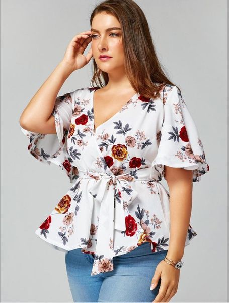women's blouses & shirts v-neck flare sleeve with belt s europe style plus size print blouse, White
women's blouses & shirts v-neck flare sleeve with belt s europe style plus size print blouse, White