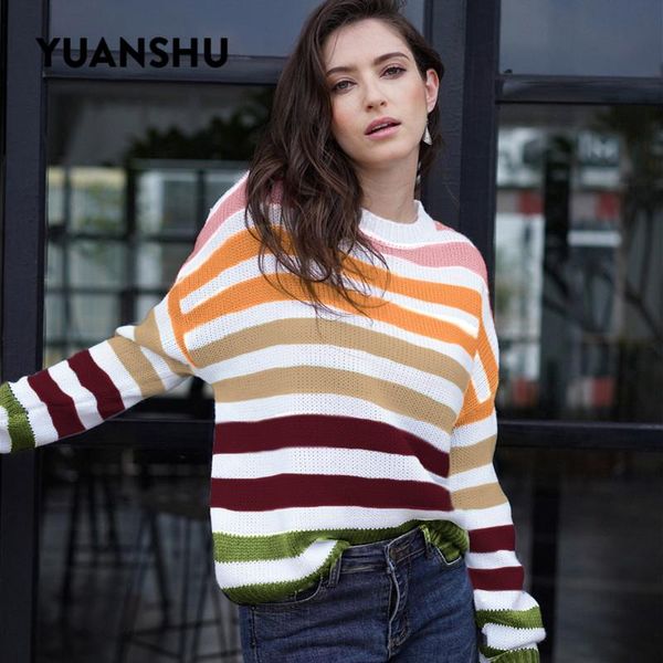 women's sweaters yuanshu 2021 loose rainbow striped autumn women sweater knitted pullover o neck long sleeve fashion casual ladies, White;black
women's sweaters yuanshu 2021 loose rainbow striped autumn women sweater knitted pullover o neck long sleeve fashion casual ladies, White;black