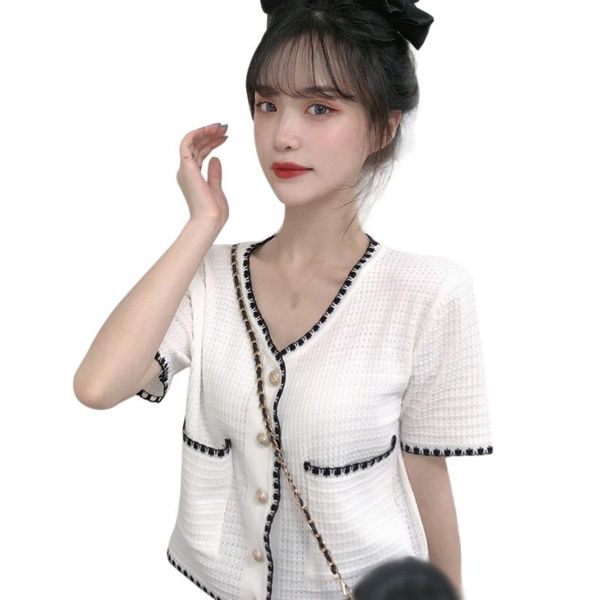 women's t-shirt women elegant thin cardigan xiaoxiangfeng short-sleeved female celebrity temperament short knitted top, White
women's t-shirt women elegant thin cardigan xiaoxiangfeng short-sleeved female celebrity temperament short knitted top, White