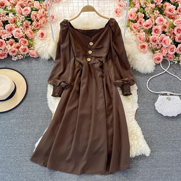 casual dresses french style autumn long sleeve dress women square collar lantern streetwear button high waist female maxi, Black;gray 
casual dresses french style autumn long sleeve dress women square collar lantern streetwear button high waist female maxi, Black;gray