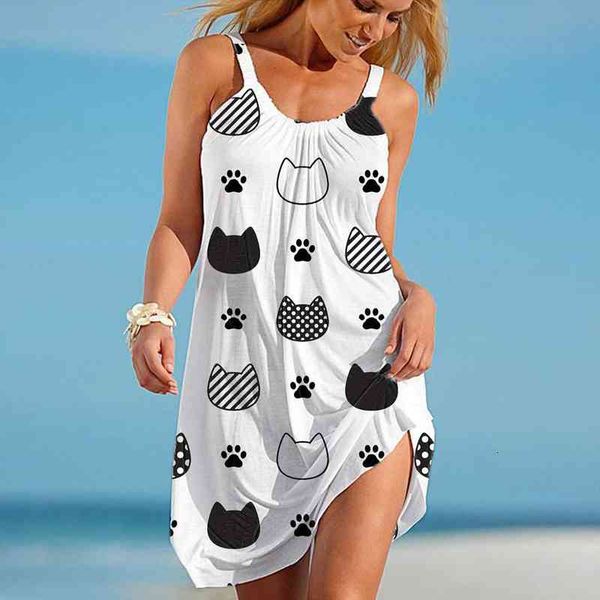 4 woman dress sleeveless cute cartoon print hem loose beach dress black and white cat print robe, Black;gray
4 woman dress sleeveless cute cartoon print hem loose beach dress black and white cat print robe, Black;gray