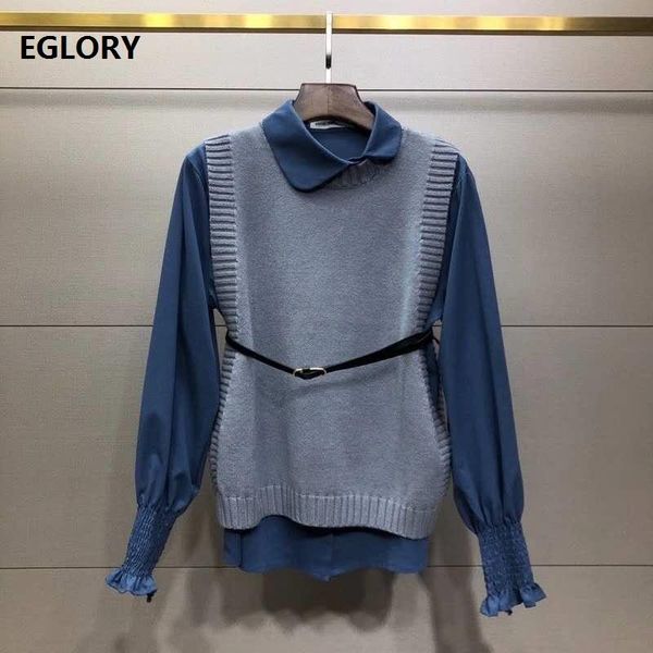 women's sweaters work suits 2021 autumn winter business suit women turn-down collar long sleeve shirt+belt deco knitted vest to, White;black
women's sweaters work suits 2021 autumn winter business suit women turn-down collar long sleeve shirt+belt deco knitted vest to, White;black