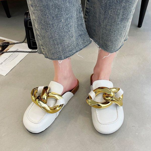 sandals 2021 women slipper fashion big gold chain shoes round toe slip flat heel casual slides, Black
sandals 2021 women slipper fashion big gold chain shoes round toe slip flat heel casual slides, Black