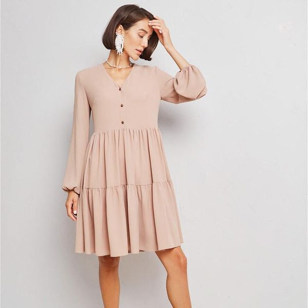 women sweet ruffle mini dress casual loose v neck lantern sleeve solid spring autumn fashion elegant button dresses, Black;gray
women sweet ruffle mini dress casual loose v neck lantern sleeve solid spring autumn fashion elegant button dresses, Black;gray