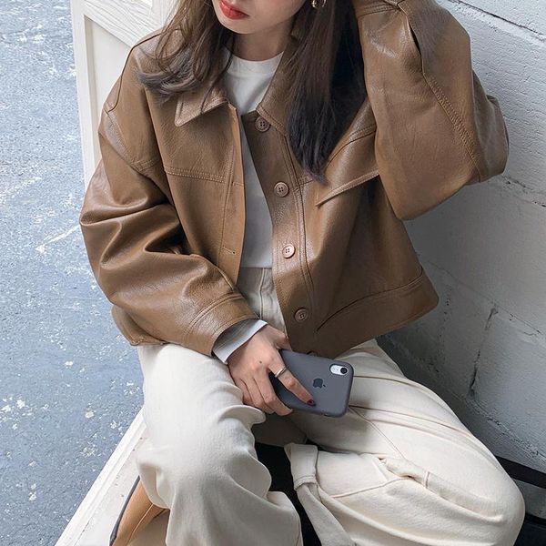 women's leather & faux korea chic brown jackets women autumn loose pu motorcycle coats casual long sleeve lapel cropped jacket female, Black
women's leather & faux korea chic brown jackets women autumn loose pu motorcycle coats casual long sleeve lapel cropped jacket female, Black