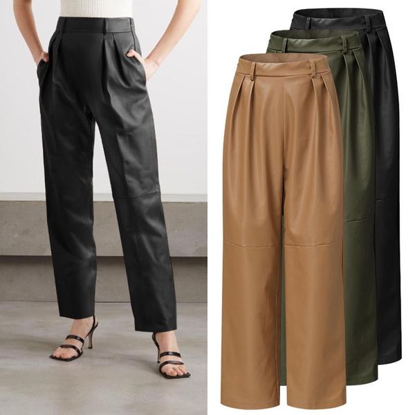 women's pants & capris oversized autumn winter leather trousers fashion high waist pockets, Black;white
women's pants & capris oversized autumn winter leather trousers fashion high waist pockets, Black;white