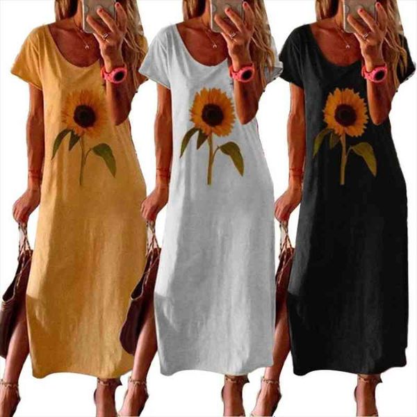 80% sales fashion sunflower women dress round neck short sleeve side split loose long, Black;gray
80% sales fashion sunflower women dress round neck short sleeve side split loose long, Black;gray
