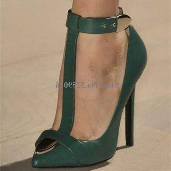 dress shoes pointed toe t-strap metal decorated stiletto heel pumps women fashion green brown ankle strap buckle high heels, Black 
dress shoes pointed toe t-strap metal decorated stiletto heel pumps women fashion green brown ankle strap buckle high heels, Black