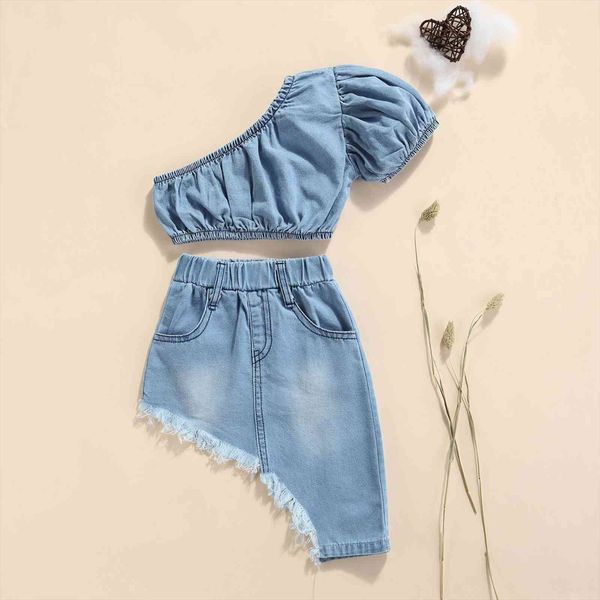 1 5y summer fashion kids girls clothes sets blue denim one shoulder irregular hem skirt 2pcs, White
1 5y summer fashion kids girls clothes sets blue denim one shoulder irregular hem skirt 2pcs, White