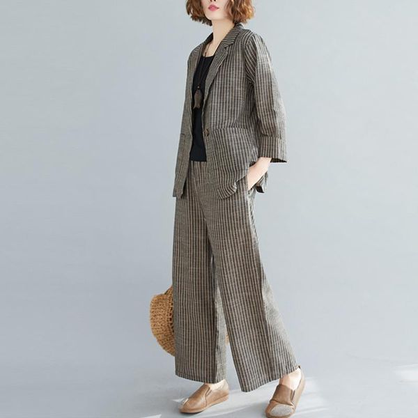 women's two piece pants vintage cotton linen women pant suits autumn winter 2021 striped office lady wide leg female clothing set quali, White
women's two piece pants vintage cotton linen women pant suits autumn winter 2021 striped office lady wide leg female clothing set quali, White