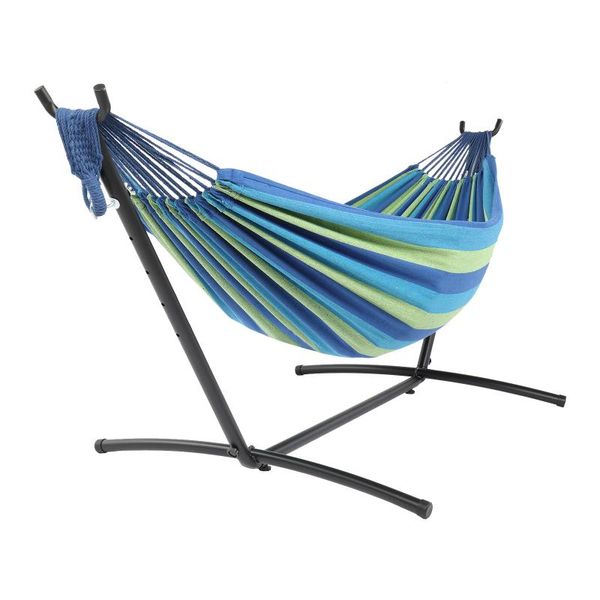 camp furniture polyester cotton hammock black steel pipe portable soft bed with frame blue green strip
camp furniture polyester cotton hammock black steel pipe portable soft bed with frame blue green strip