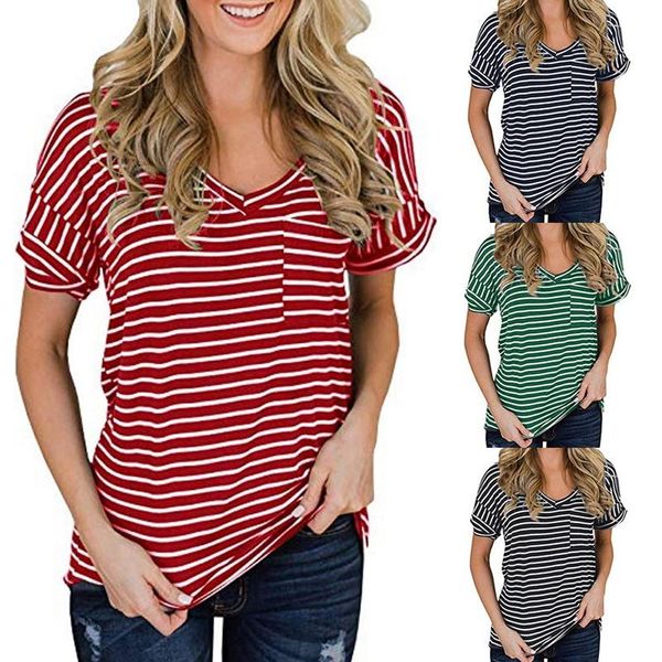women's t-shirt fashion temperament casual v-neck chest pocket striped short sleeve, White
women's t-shirt fashion temperament casual v-neck chest pocket striped short sleeve, White