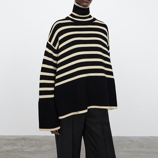 women's sweaters turtleneck sweater women knit pullover hem slit loose stripes long sleeve female retro jumper 2021 early autumn, White;black
women's sweaters turtleneck sweater women knit pullover hem slit loose stripes long sleeve female retro jumper 2021 early autumn, White;black