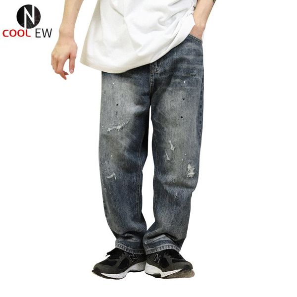 men's jeans washed distressed ripped mens streetwear loose straight-leg denim pants destroy trousers men, Blue
men's jeans washed distressed ripped mens streetwear loose straight-leg denim pants destroy trousers men, Blue