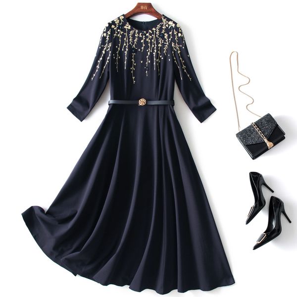 2021 autumn winter 4/5 long sleeve round neck blue solid color floral embroidery beaded belted mid-calf dress elegant casual dresses 21n0190, Black;gray
2021 autumn winter 4/5 long sleeve round neck blue solid color floral embroidery beaded belted mid-calf dress elegant casual dresses 21n0190, Black;gray