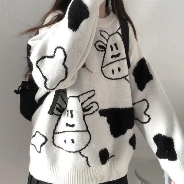 women's sweaters cute cartoon cow 2021 autumn and winter korean style loose long-sleeved pullovers sweater casual outer wear, White;black
women's sweaters cute cartoon cow 2021 autumn and winter korean style loose long-sleeved pullovers sweater casual outer wear, White;black