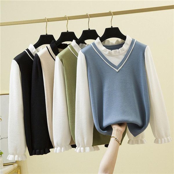 women's sweaters korean chic sweet ruched long sleeve jumper fake two piece contrast color patchwork knit pullovers loose bottomed sw, White;black
women's sweaters korean chic sweet ruched long sleeve jumper fake two piece contrast color patchwork knit pullovers loose bottomed sw, White;black