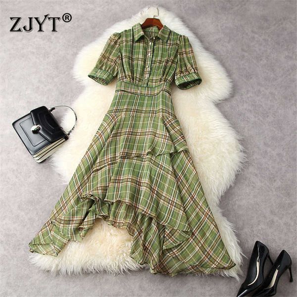 elegant women summer designer vintage plaid print asymmetrical chiffon dress short sleeve robe midi party casual vestidos 210601, Black;gray
elegant women summer designer vintage plaid print asymmetrical chiffon dress short sleeve robe midi party casual vestidos 210601, Black;gray
