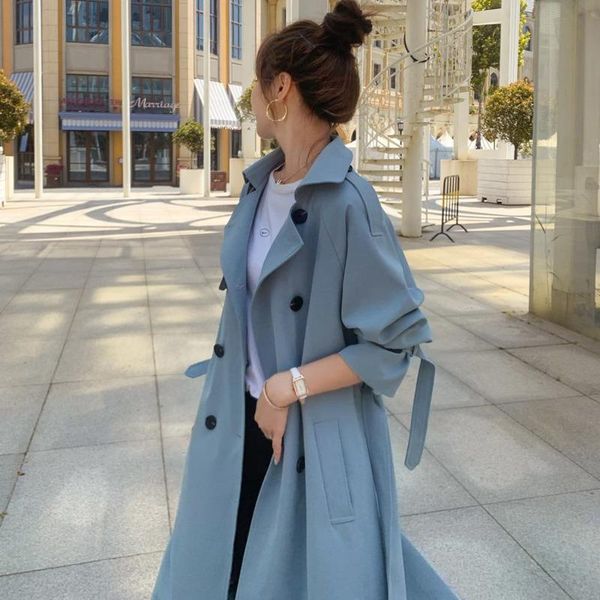 women's trench coats 2021 fashion women coat beige blue long double-breasted with belt spring autumn lady female korean loose outerwear, Tan;black 
women's trench coats 2021 fashion women coat beige blue long double-breasted with belt spring autumn lady female korean loose outerwear, Tan;black