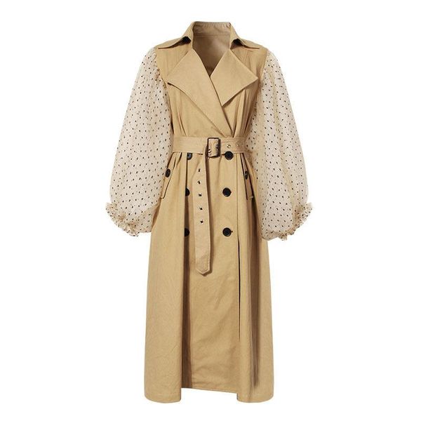 women's trench coats female 2021 autumn winter wave dot mesh lantern sleeves stitching khaki long section chic lace coat women, Tan;black
women's trench coats female 2021 autumn winter wave dot mesh lantern sleeves stitching khaki long section chic lace coat women, Tan;black