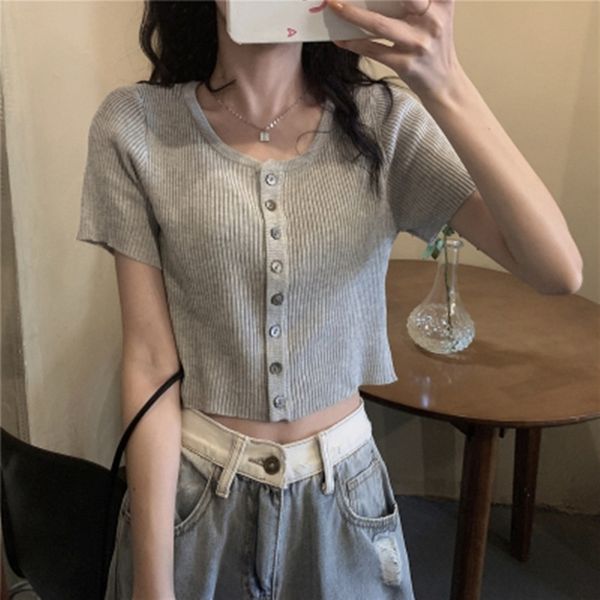 5 colors summer korean style soild color single breasted button knitted t shirts womens tee shirt femme (l9038) 210423, White
5 colors summer korean style soild color single breasted button knitted t shirts womens tee shirt femme (l9038) 210423, White