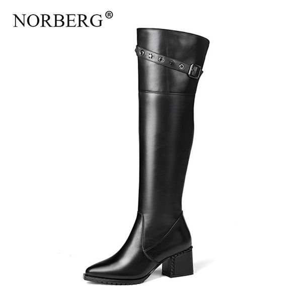 winter zipper rivet high boots women fashion black square heel woman leather shoes winter large size 34-42 210507