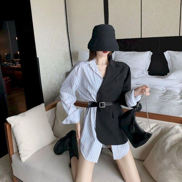 women's suits & blazers design patchwork 2021 spring autumn fashion casual korean streetwear with belt coat female outwear jacket, White;black
women's suits & blazers design patchwork 2021 spring autumn fashion casual korean streetwear with belt coat female outwear jacket, White;black