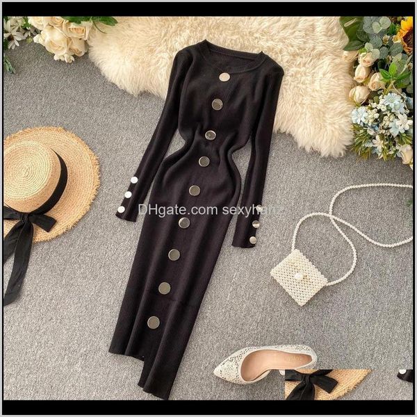 dresses womens clothing apparel drop delivery 2021 casual chic women long dress slim irregular big buttons decorated elastic knitted cotton, Black;gray 
dresses womens clothing apparel drop delivery 2021 casual chic women long dress slim irregular big buttons decorated elastic knitted cotton, Black;gray
