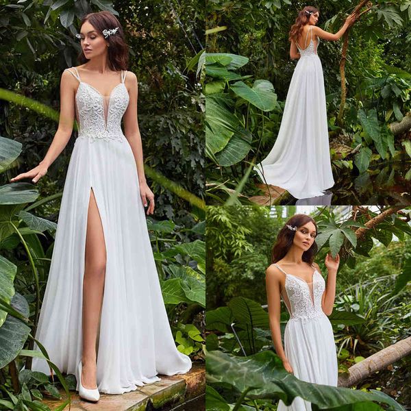 a line wedding dress boho spaghetti straps v-neck applique chiffon bridal gown with slit vestido de noiva, White
a line wedding dress boho spaghetti straps v-neck applique chiffon bridal gown with slit vestido de noiva, White