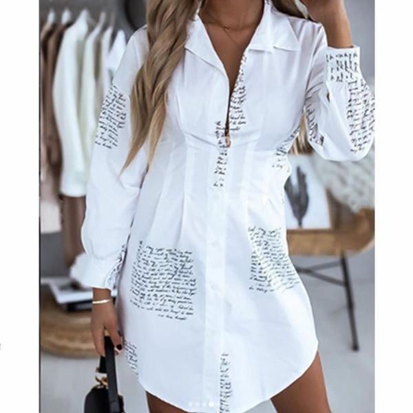 office lady shirt dresses for women letter print long sleeve black white dress button mini tunic ol casual, Black;gray