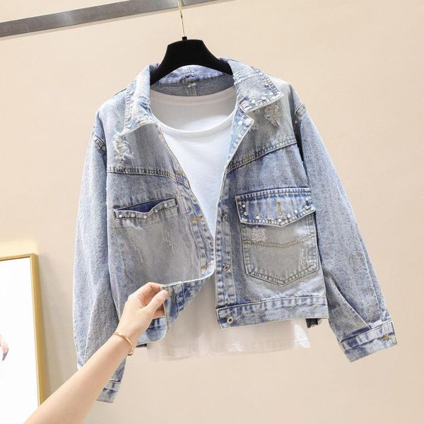 women's jackets 2021 spring autumn women korean fashion hole beaded denim short loose all-match single-breasted jean coats y381, Black;brown
women's jackets 2021 spring autumn women korean fashion hole beaded denim short loose all-match single-breasted jean coats y381, Black;brown