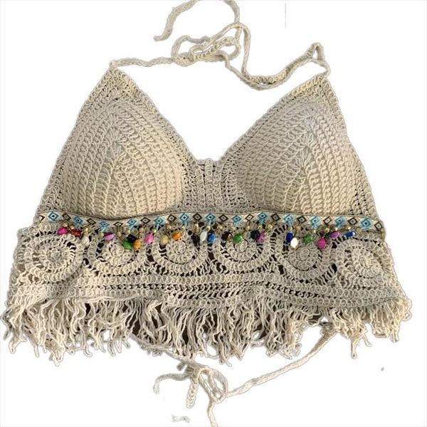 summer bead work women cami crop beach seaside cute crochet top, White 
summer bead work women cami crop beach seaside cute crochet top, White