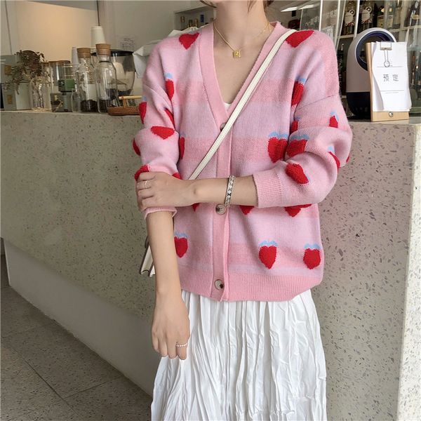 women sweater long sleeve apple pattern knitted cardigan autumn coat loose off shoulder v neck 604h 210420, White;black
women sweater long sleeve apple pattern knitted cardigan autumn coat loose off shoulder v neck 604h 210420, White;black