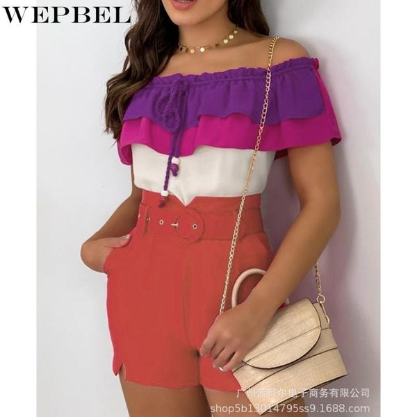 women's tracksuits wepbel slim solid shorts suit summer high waist straight + short sleeve lace-up slash neck pleated top, Gray 
women's tracksuits wepbel slim solid shorts suit summer high waist straight + short sleeve lace-up slash neck pleated top, Gray