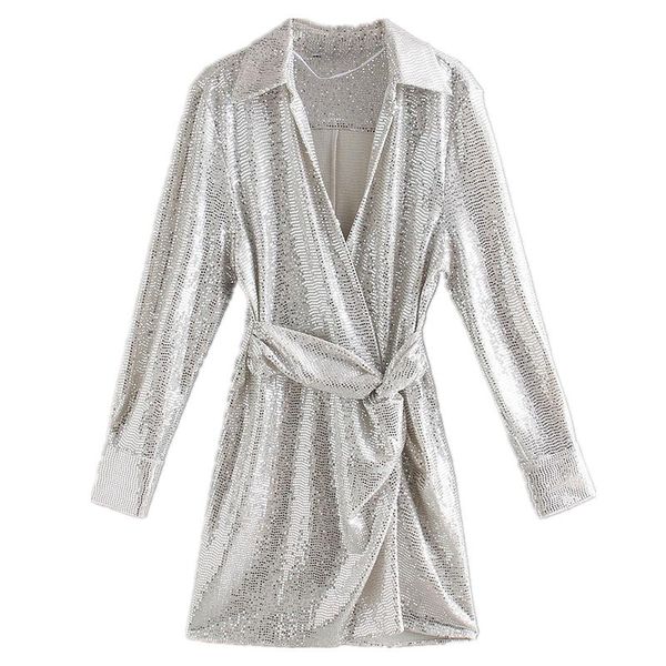 women party dress silver sequined v-neck sashes mini fashion 2021 long sleeve drapped vestidos mujer casual dresses, Black;gray
women party dress silver sequined v-neck sashes mini fashion 2021 long sleeve drapped vestidos mujer casual dresses, Black;gray