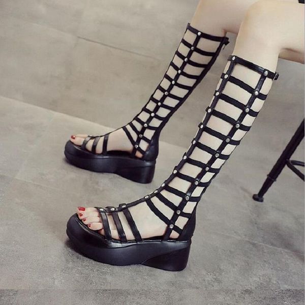 boots summer korean fashion style wedges platform peep toe cut out rivet metal buckle women knee-high long gladiator 0701, Black
boots summer korean fashion style wedges platform peep toe cut out rivet metal buckle women knee-high long gladiator 0701, Black