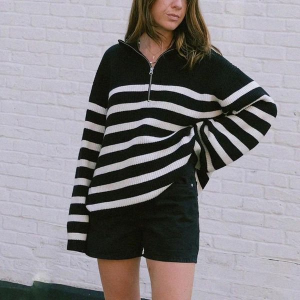 women's sweaters ribbed stripes half-zip sweater women autumn winter clothing long sleeve loose pullovers jumpers femme casual vintage, White;black
women's sweaters ribbed stripes half-zip sweater women autumn winter clothing long sleeve loose pullovers jumpers femme casual vintage, White;black