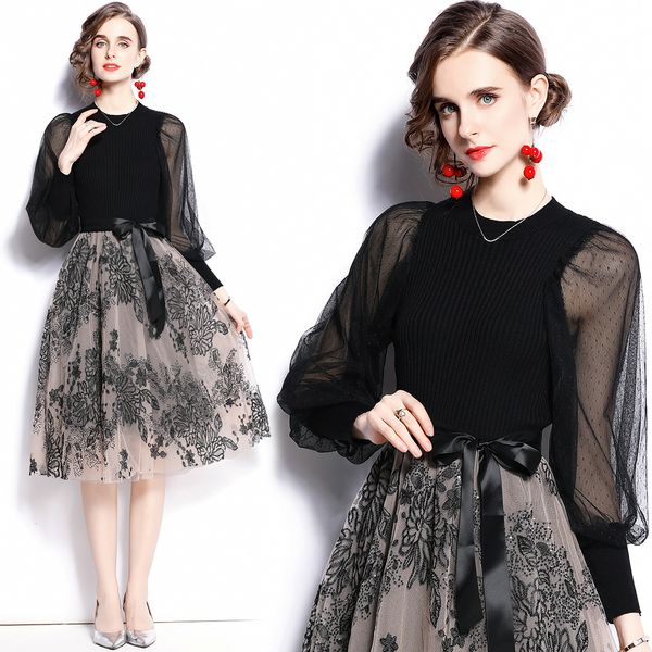 french girls' knitted dress women's early autumn 2021 fashion long sleeve splicing floral mesh skirt, Black;gray
french girls' knitted dress women's early autumn 2021 fashion long sleeve splicing floral mesh skirt, Black;gray