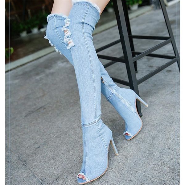 boots 2021 women blue denim over the knee 10cm high heels ripped jeans fetish peep toe long tight stiletto strippers shoes, Black
boots 2021 women blue denim over the knee 10cm high heels ripped jeans fetish peep toe long tight stiletto strippers shoes, Black