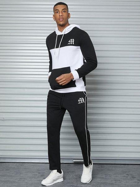 men letter graphic two tone drawstring hoodie & contrast piping pants j5hz#, Gray