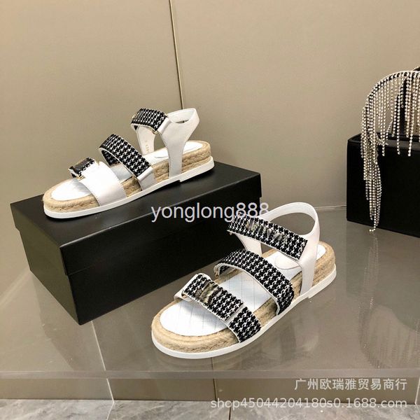 sandals summer style small fragrance hemp rope thick bottom round head sandals thousand bird grid fashion horizontal belt roman, Black