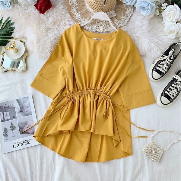 women's blouses & shirts irregular slim waist rope short-sleeved shirt woman autumn solid color round collar loose thin blouse top, White
women's blouses & shirts irregular slim waist rope short-sleeved shirt woman autumn solid color round collar loose thin blouse top, White