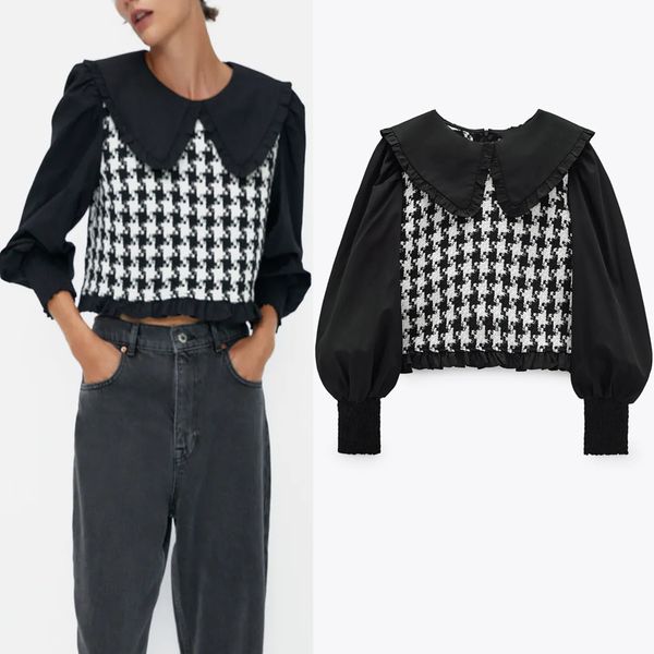 2021 za women patchwork tweed crop blouse female long puff sleeve peter pan collar vintage shirts woman ruffle black short top, White
2021 za women patchwork tweed crop blouse female long puff sleeve peter pan collar vintage shirts woman ruffle black short top, White