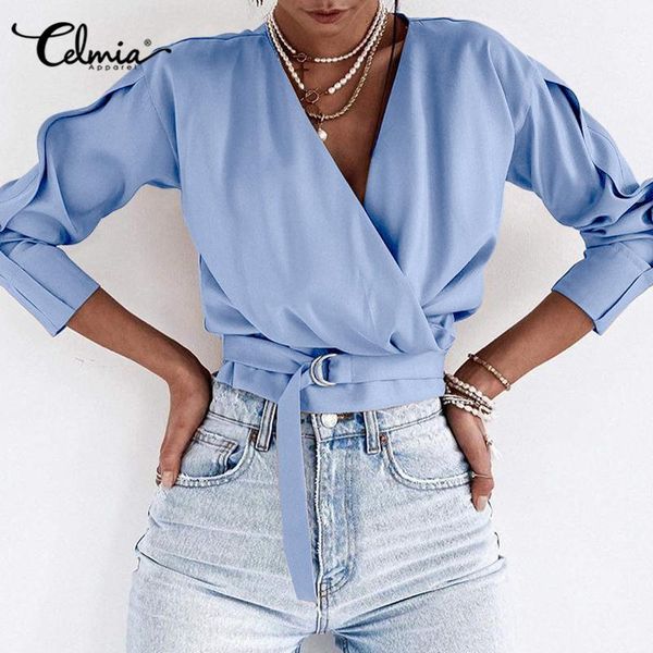 women's blouses & shirts celmia women v neck stylish 2021 summer spring long sleeve cross lace up tunic casual solid office bl, White