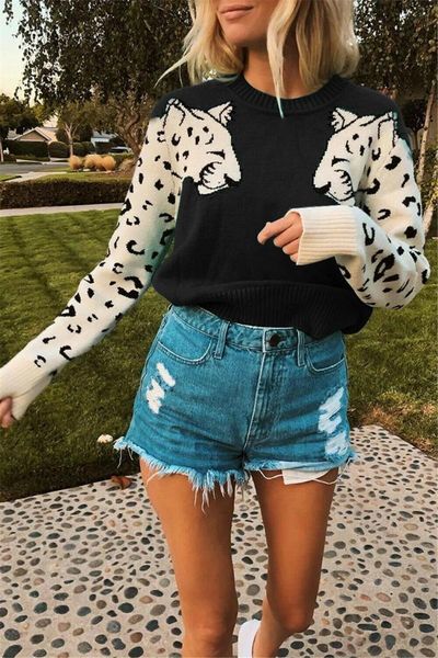 women's sweaters fashion womens knitted long sleeve knit leopard sweater ladies casual loose jumper pullover clothes, White;black
women's sweaters fashion womens knitted long sleeve knit leopard sweater ladies casual loose jumper pullover clothes, White;black