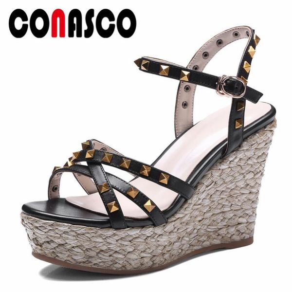 women wedges sandals genuine leather ankle strap high heels platform shoes woman rivets summer party quality pumps, Black 
women wedges sandals genuine leather ankle strap high heels platform shoes woman rivets summer party quality pumps, Black