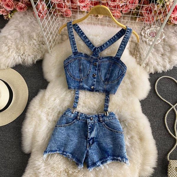 women's shorts 2021 summer denim fashion short backless suspenders burr high waist wide leg cowboy 2 piece casual suit, White;black
women's shorts 2021 summer denim fashion short backless suspenders burr high waist wide leg cowboy 2 piece casual suit, White;black