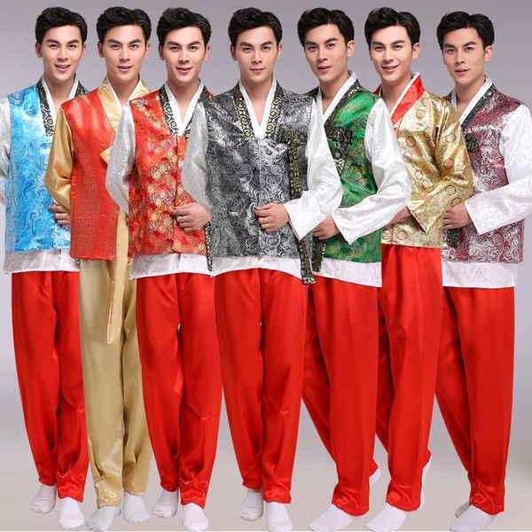 men traditional korean clothing hanbok ancient court dance costume wedding party asian kimono vest+shirts+pants outfits sl1585 ethnic, Red